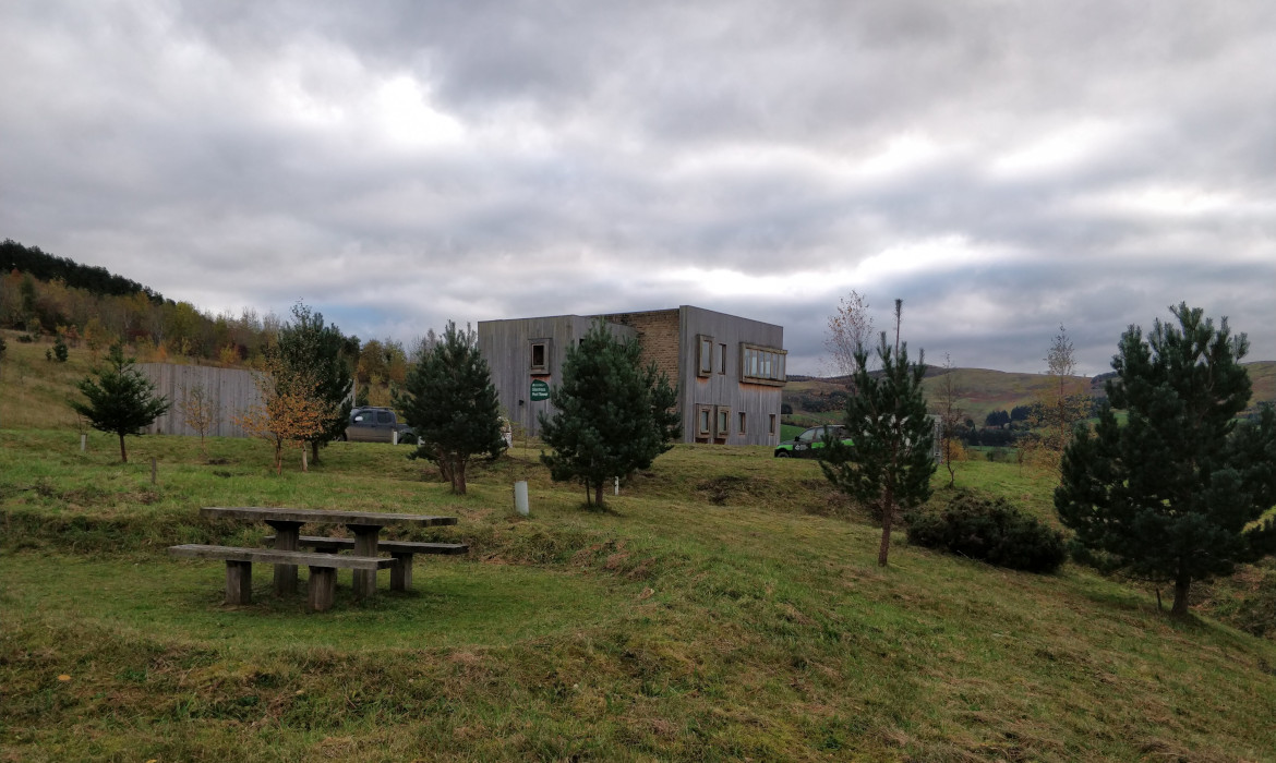 view to modern timber clad building set in natural hillside with picnic bench and small trees in foreground