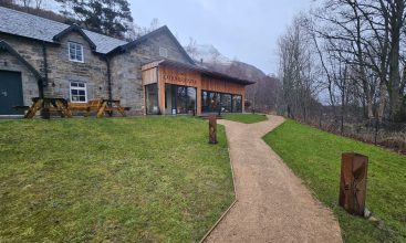 view towards a community hub building in Kinloch Rannoch