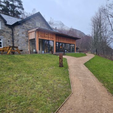 view towards a community hub building in Kinloch Rannoch